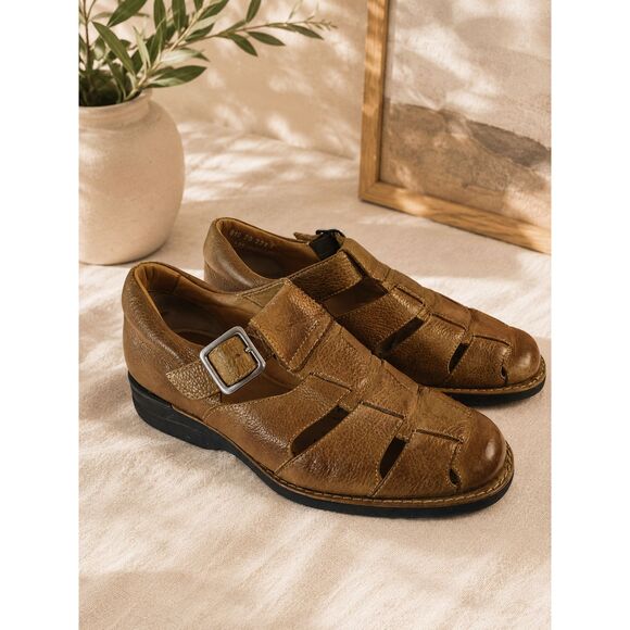 JOHNSTON & MURPHY Brown Leather Fisherman Sandal 8M Men\'s Closed Toe Buckle
